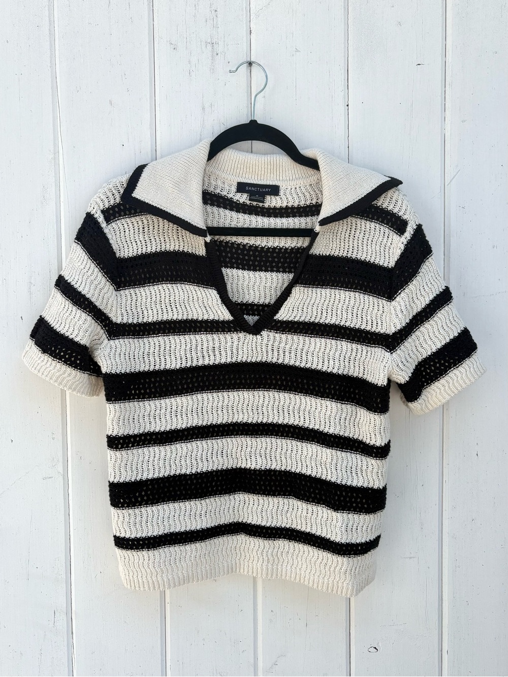 Sanctuary Black & White Striped V-Neck Short Sleeve Sweater